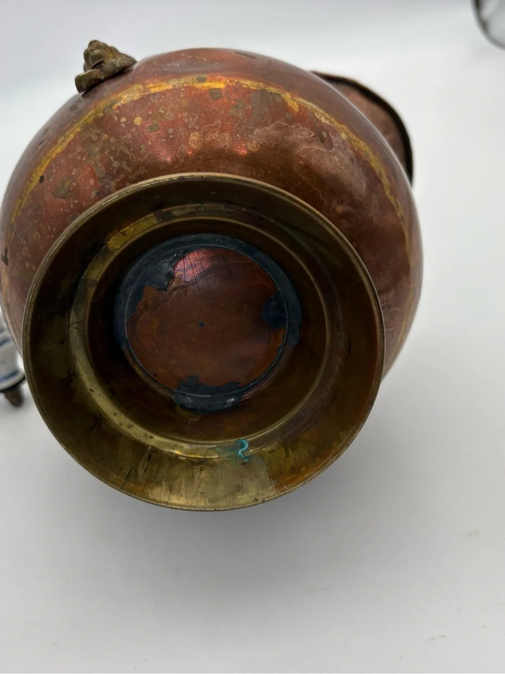 Vintage Copper Coal Scuttle with Brass and Blue and White Porcelain Handle